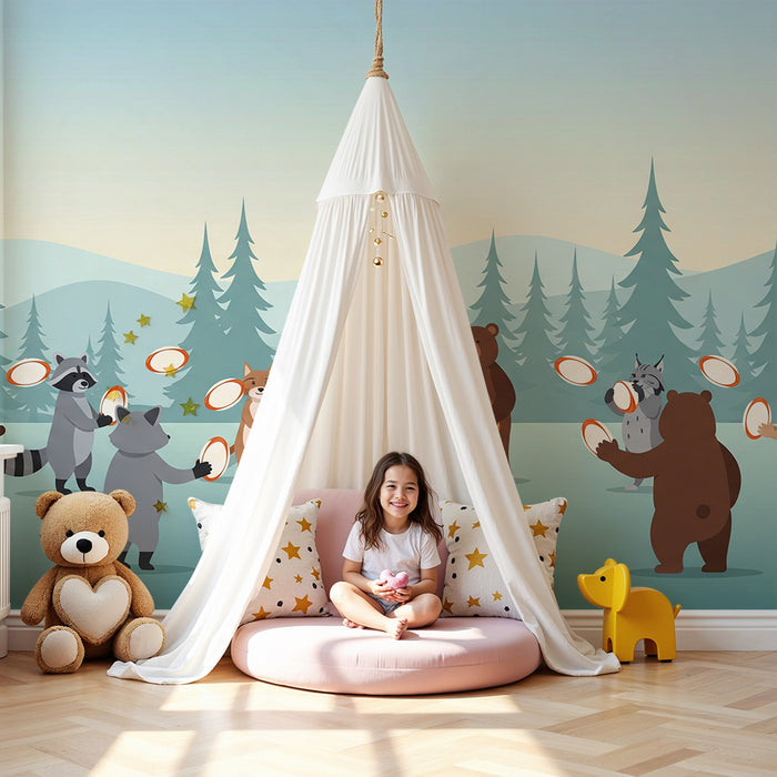 Kids room wallpaper | Forest animals playing with frisbees