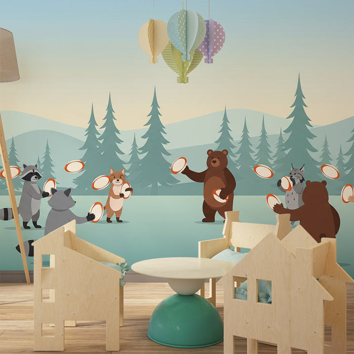 Kids room wallpaper | Forest animals playing with frisbees