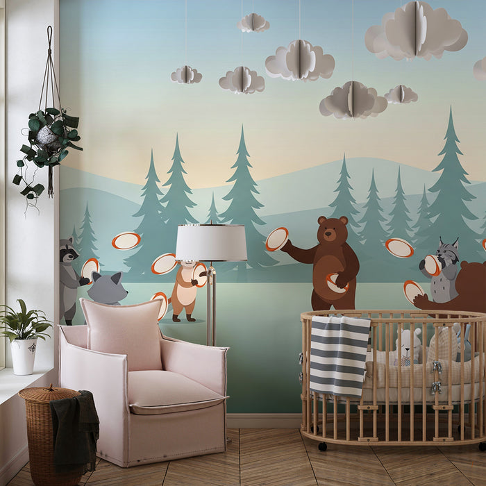 Kids room wallpaper | Forest animals playing with frisbees