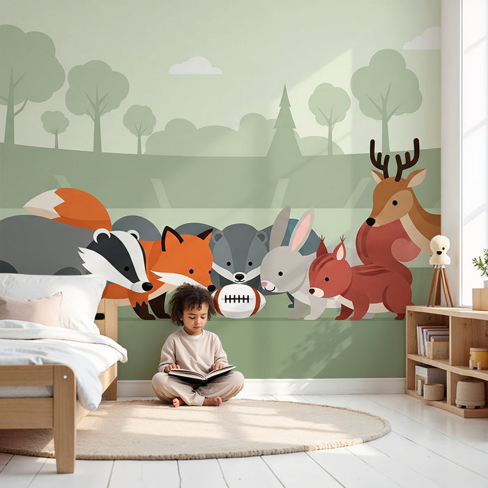 Papel pintado infantil | Animales del bosque jugando al rugby
