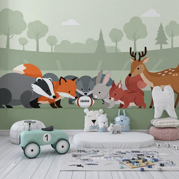 Papel pintado infantil | Animales del bosque jugando al rugby