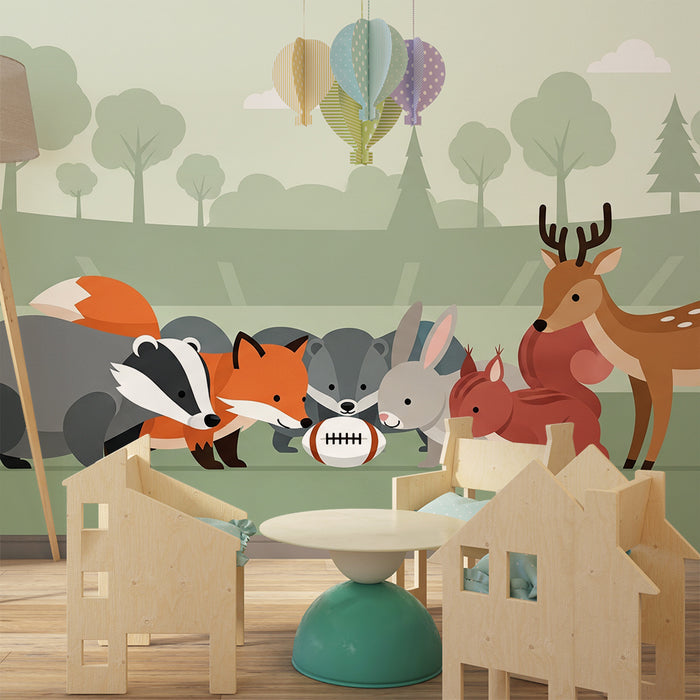 Papel pintado infantil | Animales del bosque jugando al rugby