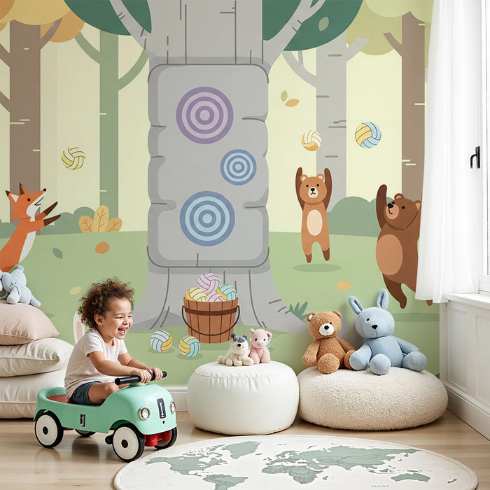 Papel pintado infantil | Animales del bosque en un entorno de juego divertido