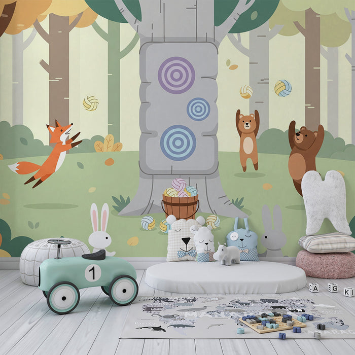 Papel pintado infantil | Animales del bosque en un entorno de juego divertido