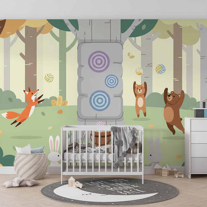 Papel pintado infantil | Animales del bosque en un entorno de juego divertido