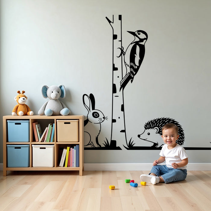 Kinderzimmer Tapete | Waldtiere: Hase, Igel und Specht