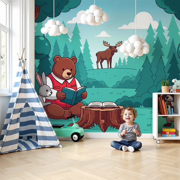Papier peint chambre enfant | Animaux de la forêt lisant des livres sous les arbres