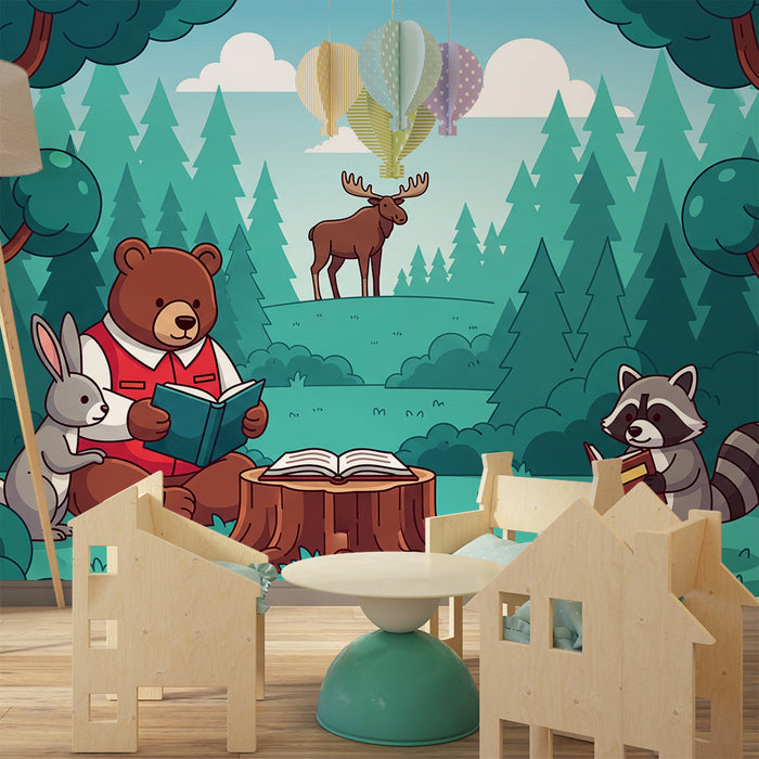 Papier peint chambre enfant | Animaux de la forêt lisant des livres sous les arbres