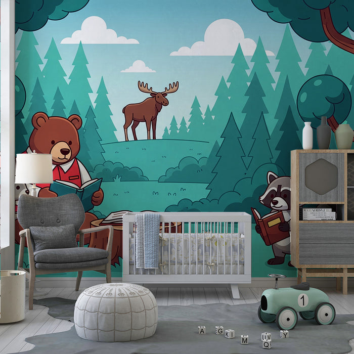 Papier peint chambre enfant | Animaux de la forêt lisant des livres sous les arbres