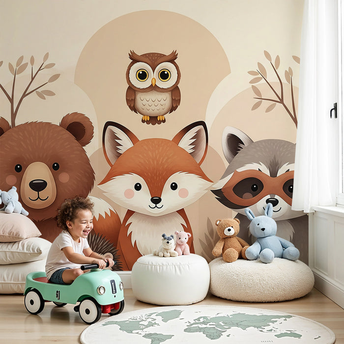 Papier peint chambre enfant | Animaux de la forêt mignons avec un ours, un renard et un hibou