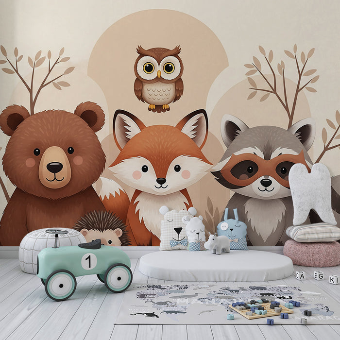 Papier peint chambre enfant | Animaux de la forêt mignons avec un ours, un renard et un hibou