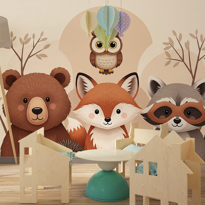 Papier peint chambre enfant | Animaux de la forêt mignons avec un ours, un renard et un hibou