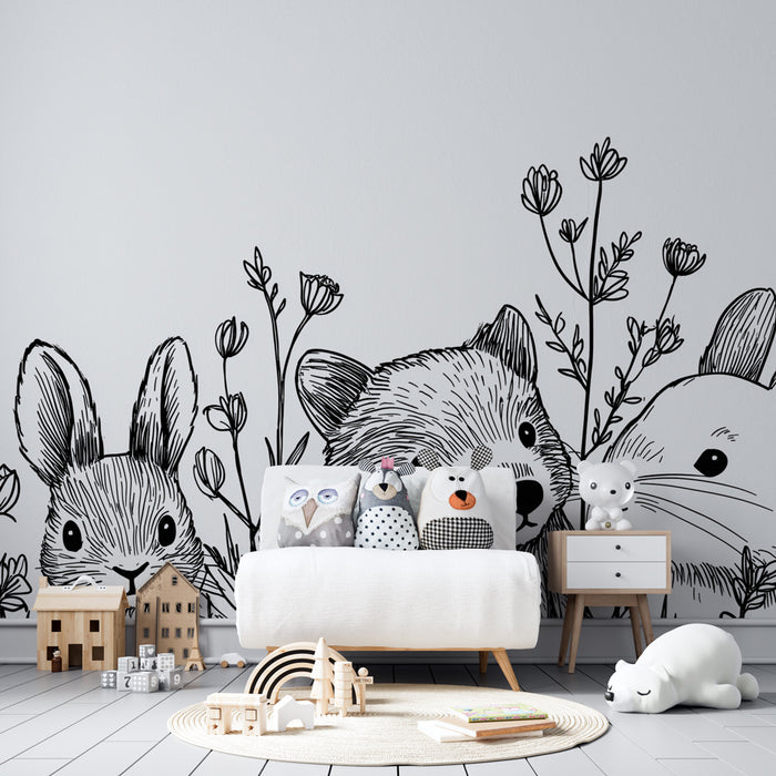 Papel de parede criança | Animais da floresta fofinhos em preto e branco