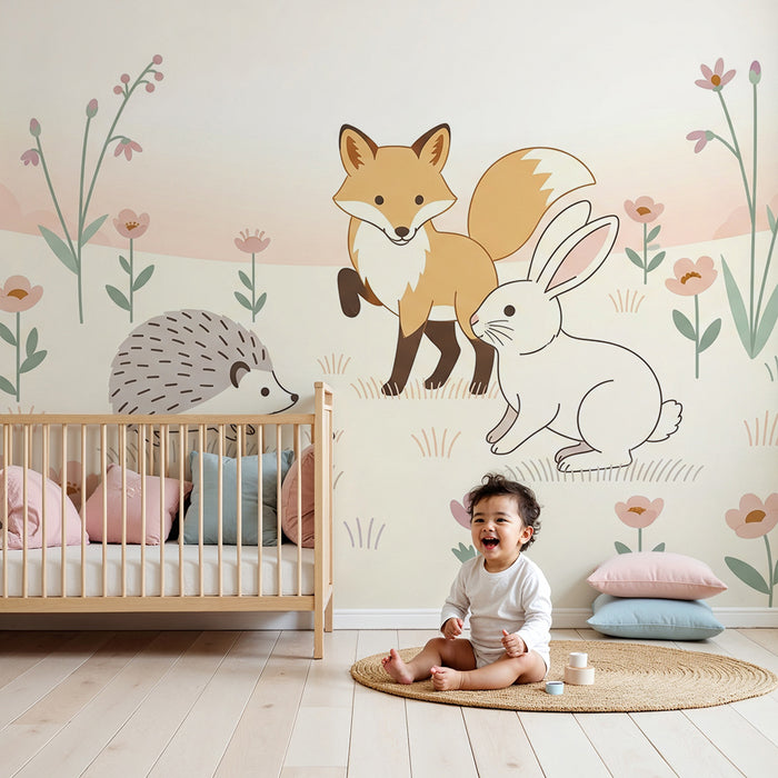 Kinderkamer behang | Bosdieren tussen delicate bloemen