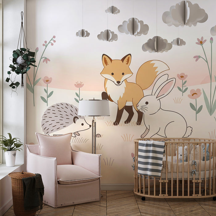 Kinderkamer behang | Bosdieren tussen delicate bloemen