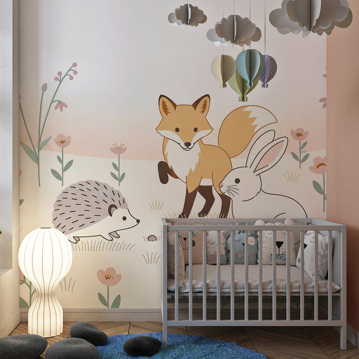 Kinderkamer behang | Bosdieren tussen delicate bloemen