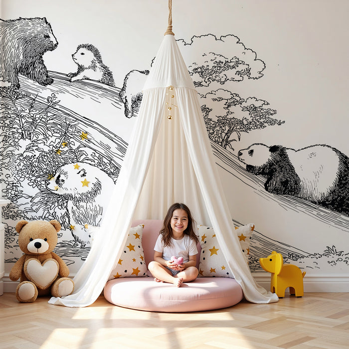 Kinderzimmer-Tapete | Waldtiere auf der Rutsche