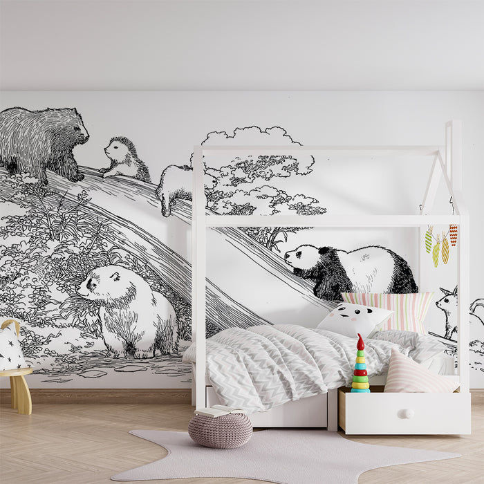Kinderzimmer-Tapete | Waldtiere auf der Rutsche