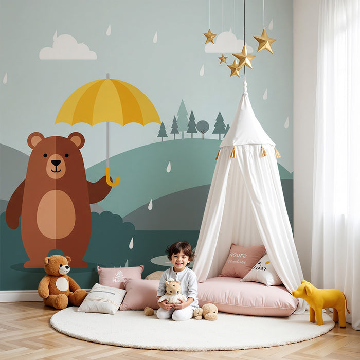Papier peint chambre enfant | Animaux de la forêt sous la pluie avec un ours et un lapin
