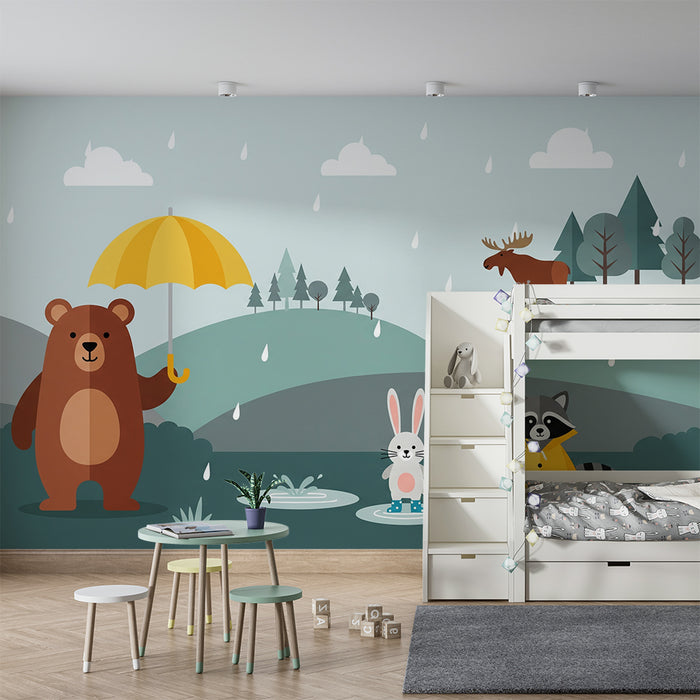 Papier peint chambre enfant | Animaux de la forêt sous la pluie avec un ours et un lapin