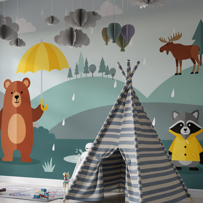 Papier peint chambre enfant | Animaux de la forêt sous la pluie avec un ours et un lapin