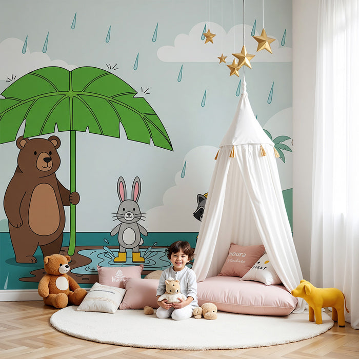 Papier peint chambre enfant | Animaux de la forêt sous la pluie avec une grande feuille