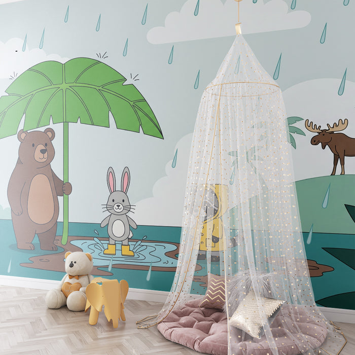 Papier peint chambre enfant | Animaux de la forêt sous la pluie avec une grande feuille