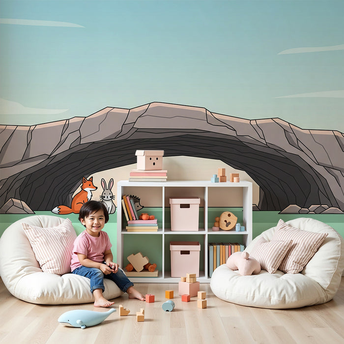 Papel pintado infantil | Animales del bosque bajo un arco rocoso sereno