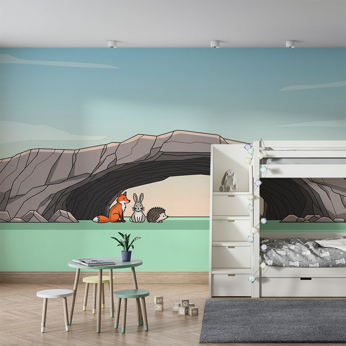 Papel pintado infantil | Animales del bosque bajo un arco rocoso sereno