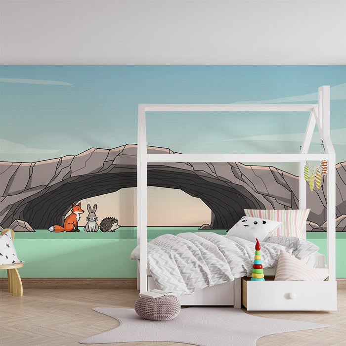 Papel pintado infantil | Animales del bosque bajo un arco rocoso sereno