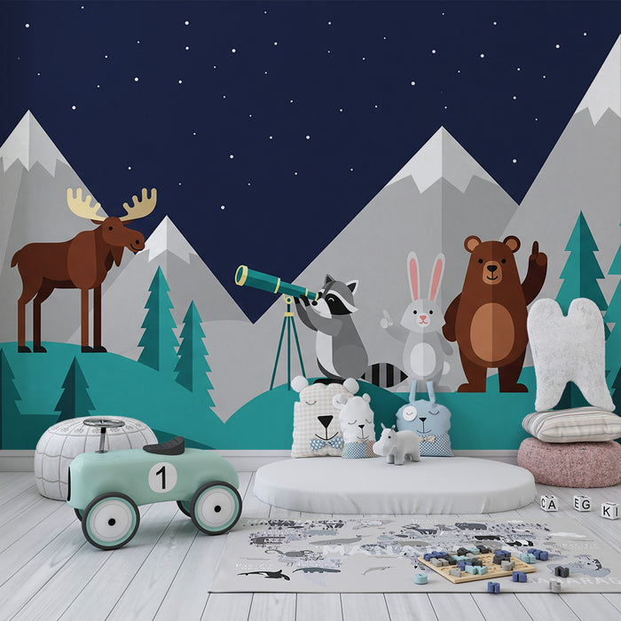 Kids room wallpaper | Metsaloomad tähtede all