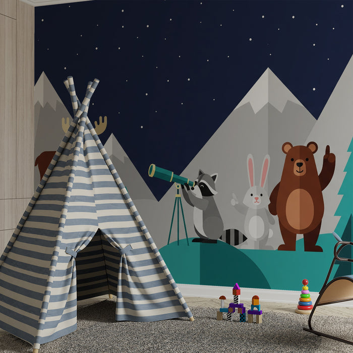 Kids room wallpaper | Metsaloomad tähtede all