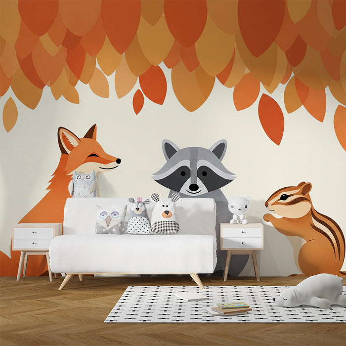 Papier peint chambre enfant | Animaux de la forêt sous un feuillage automnal
