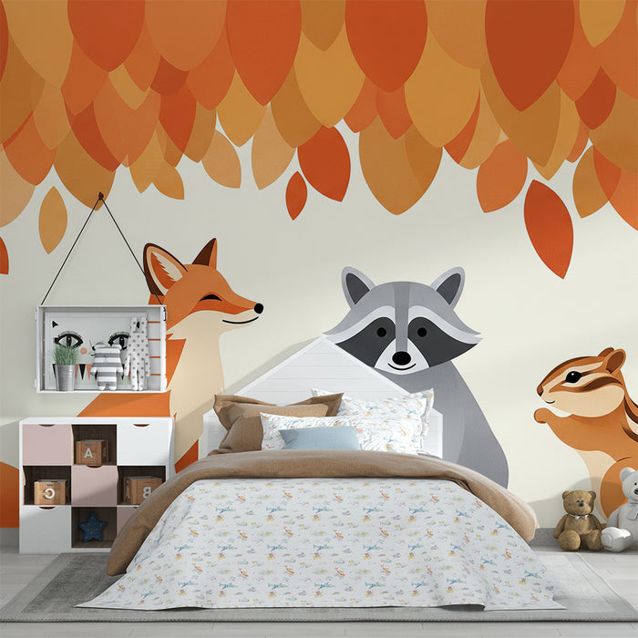 Papier peint chambre enfant | Animaux de la forêt sous un feuillage automnal