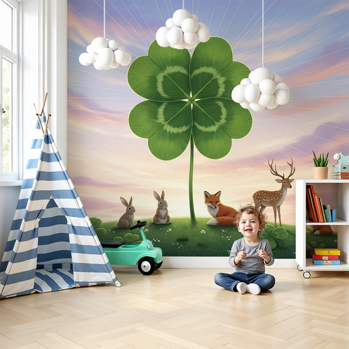 Papel pintado infantil | Animales del bosque bajo un trébol gigante