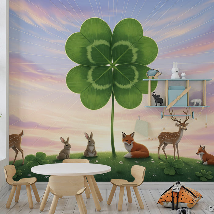 Papel pintado infantil | Animales del bosque bajo un trébol gigante