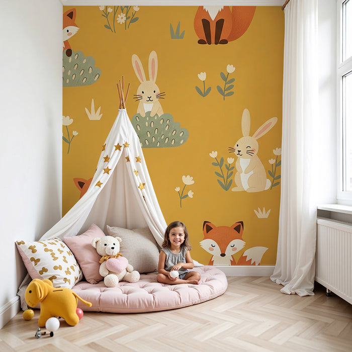 Papier peint chambre enfant | Animaux de la forêt sur fond jaune