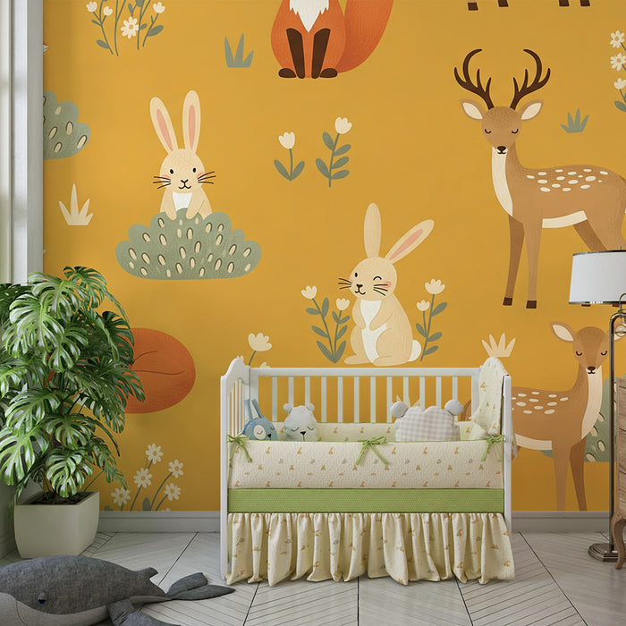 Papier peint chambre enfant | Animaux de la forêt sur fond jaune