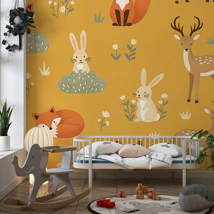 Papier peint chambre enfant | Animaux de la forêt sur fond jaune