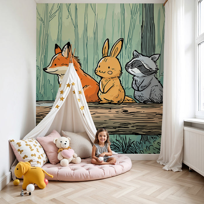 Barntapet | Skogsdjur på en stock med naturlig dekor