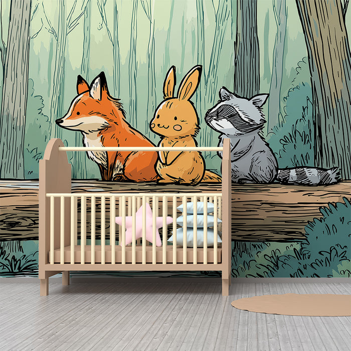 Barntapet | Skogsdjur på en stock med naturlig dekor
