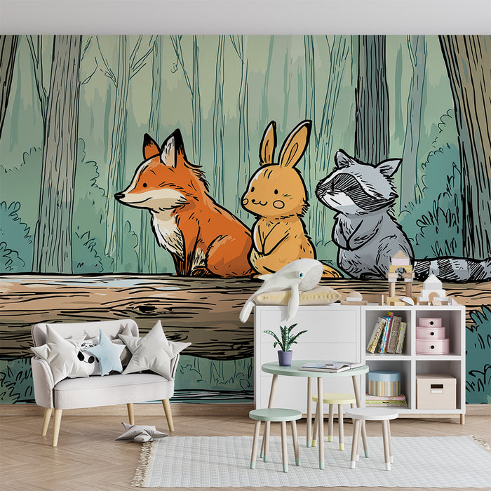 Barntapet | Skogsdjur på en stock med naturlig dekor