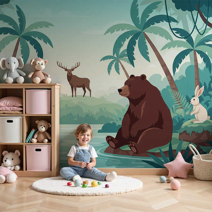 Papier peint chambre enfant | Animaux de la forêt tropicale au bord de l'eau