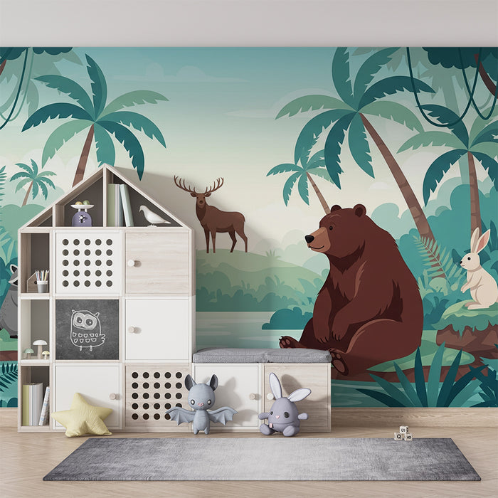 Papier peint chambre enfant | Animaux de la forêt tropicale au bord de l'eau