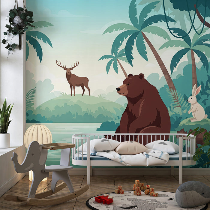 Papier peint chambre enfant | Animaux de la forêt tropicale au bord de l'eau