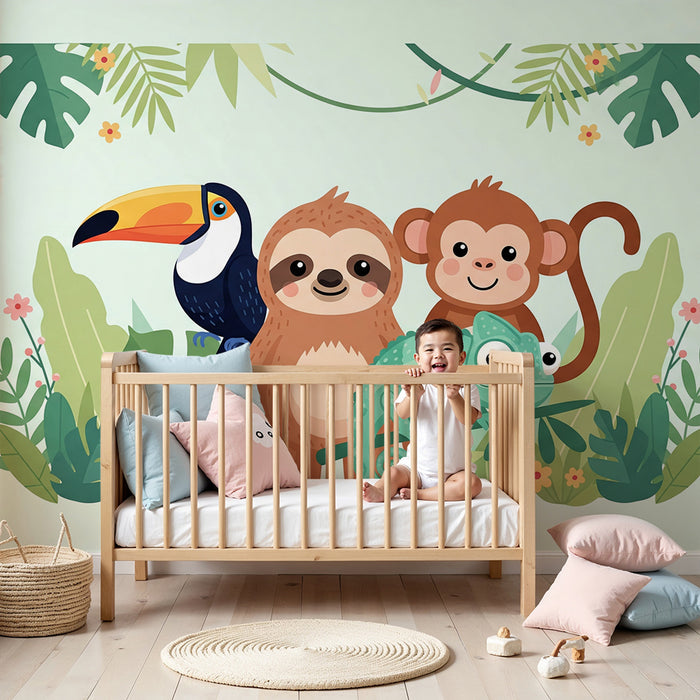 **Kinderzimmer Tapete | Lustige Dschungeltiere mit Faultier, Affe und Chamäleon**