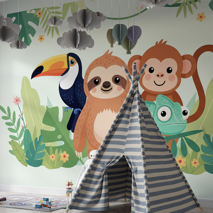**Kinderzimmer Tapete | Lustige Dschungeltiere mit Faultier, Affe und Chamäleon**