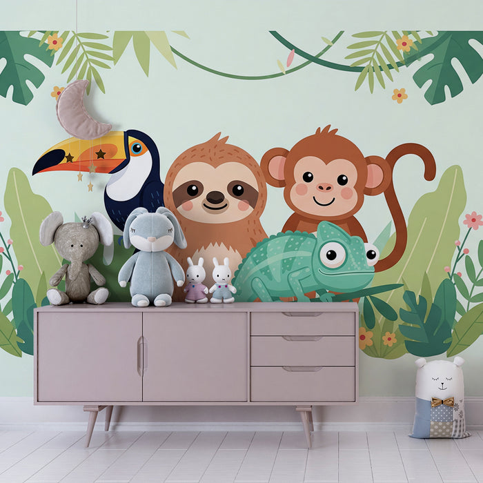 **Kinderzimmer Tapete | Lustige Dschungeltiere mit Faultier, Affe und Chamäleon**
