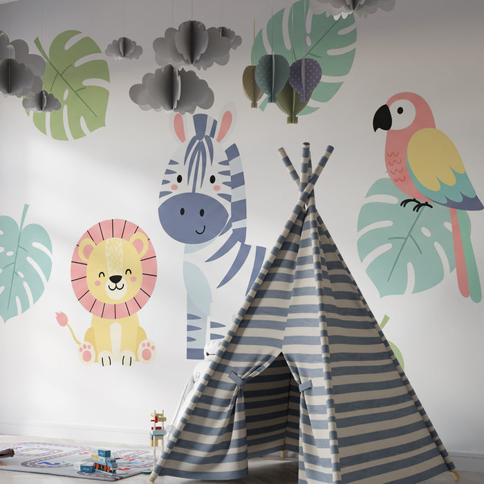 Kinderzimmer Tapete | Lustige Dschungeltiere und tropische Blätter
