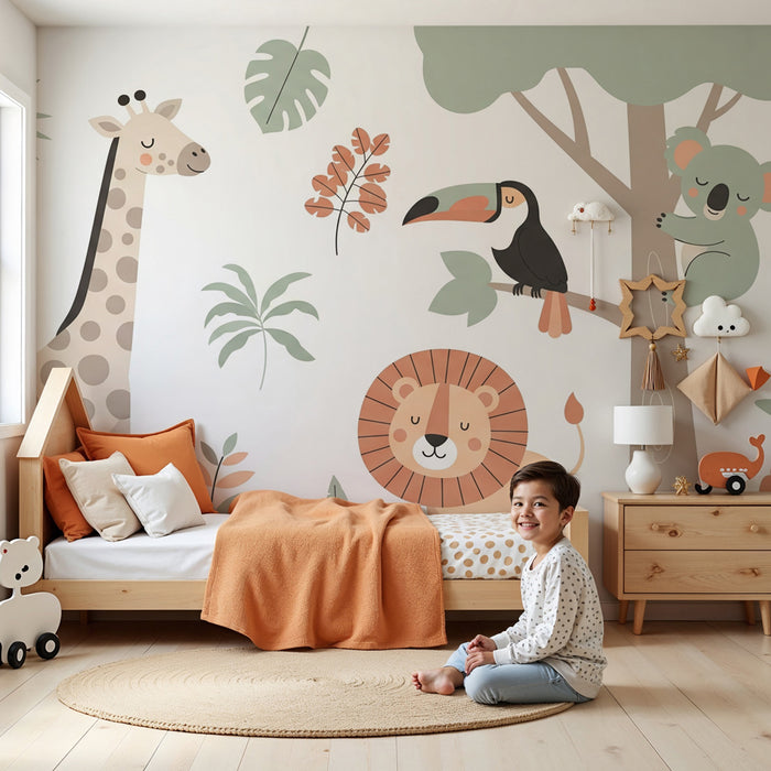 Kinderzimmer Tapete | Dschungeltiere in sanften Farben